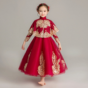 中式女童红色走秀晚礼服蓬蓬纱儿童公主裙小主持人钢琴演出服花童
