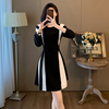 时尚休闲洋气黑色，连衣裙2023秋季黑白拼接撞色长袖圆领裙子
