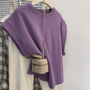 奥特莱斯~捡漏紫色小飞袖正肩，无袖t恤女夏季纯棉宽松短袖上衣