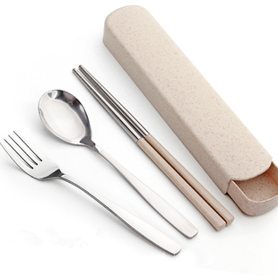单人装不锈钢便携式餐具，套装筷子三件套叉子勺子筷子盒学生收纳盒