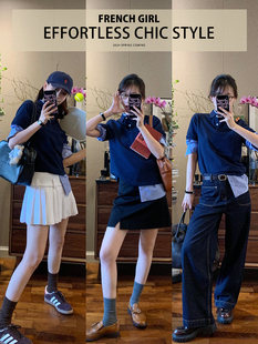 颗柠家丨“MIU”式时髦精 复古学院海军蓝短袖POLO衫+格纹衬衫