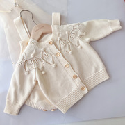 ins韩版婴儿外套手工毛球针织开衫 女宝宝毛衣纯棉棉纱线上衣套装