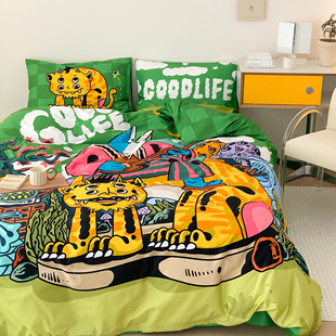 富山商店涂鸦系列绿色棋盘格，床单款全棉四件套宿舍男生可用