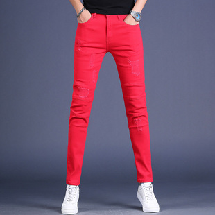 男士牛仔裤秋季红色小脚弹力破洞时尚拼接休闲高端个性长裤潮