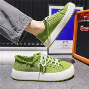 春季透气绿色帆布鞋，男韩版2023百搭潮流小众面包，厚底休闲板鞋