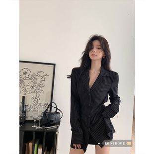 衬衫女韩版黑色纯欲条纹v领收腰百搭西服，衬衣修身显瘦长袖上衣