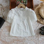 儿童短袖衬衫2023女童上衣夏装白色蕾丝拼接衬衣童装纯棉大童