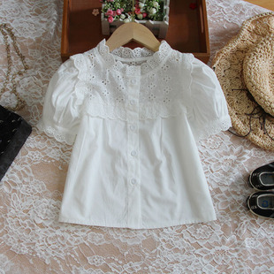 儿童短袖衬衫2023女童上衣，夏装白色蕾丝，拼接衬衣童装纯棉大童