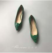 欧美森女风格纯绿色尖头，浅口头层，羊皮平跟39码瘦版女士办公室单鞋