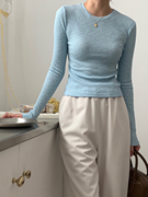 TTK韩国东大门女装2023年春季圆领螺纹短款修身打底衫T恤
