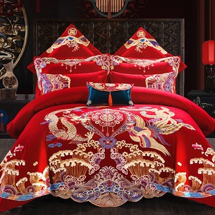 全棉新婚庆(新婚庆)四件套大红色，长绒棉龙凤刺绣，结婚高端家纺床上用品中式