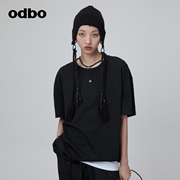 odbo/欧迪比欧原创设计休闲气质黑色T恤女早秋2023年宽松上衣