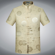 夏季唐装男短袖上衣，中老年人中式中国风丝质，民族服装盘扣大码衬衫