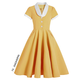 黄色连衣裙夏小清新甜美翻领，短袖大摆裙子，大码女显瘦减龄仙女茶歇
