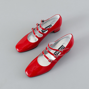 carel法式复古三条带赫本玛丽珍鞋粗跟单鞋舒适休闲漆皮红色婚鞋