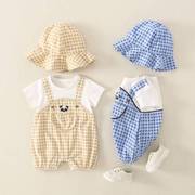 韩国婴儿童夏装女宝宝假两件短袖连体衣纯棉哈衣男童爬服帽子套装