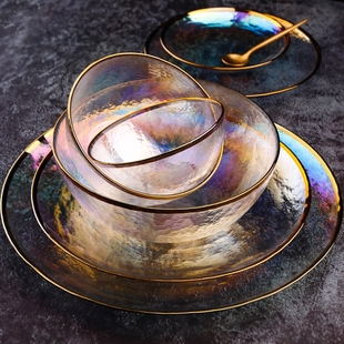 创意日式彩虹离子镀锤纹玻璃盘碗水果盘子碗套装西餐盘玻璃沙拉碗