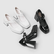 白色高跟玛丽珍鞋法式复古粗跟单鞋防水台小个子方头小皮鞋日系jk