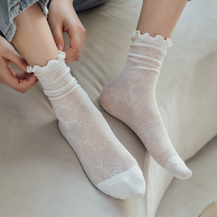 夏季超薄款中筒袜子女木耳花边日系镂空网眼堆堆袜ins白色蕾丝袜