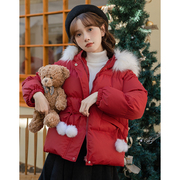 圣诞红色棉服，女短款大毛领加厚外套冬季羽绒服女生棉衣小个子