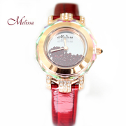 玛丽莎石英机芯指针式真皮小巧水晶壳女表 红色表带手表
