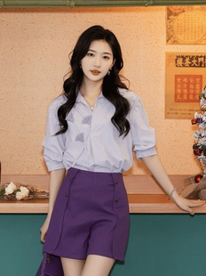 港风复古高级感紫色短袖衬衫女夏款设计感小众衬衣上衣半身裙套装