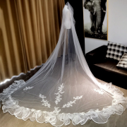 新娘结婚主婚纱头纱重工轻奢高级感长款大拖尾荷叶边头纱头饰白色