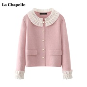 拉夏贝尔/La Chapelle蕾丝领拼接针织开衫女春季宽松毛衣外套