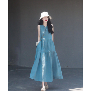 蓝色背心裙女士2023年夏季柔软无袖连衣裙慵懒风长裙气质大摆裙子