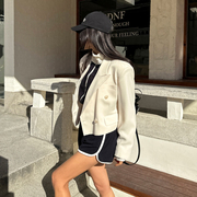 韩国女装2024早春时尚气质百搭纯色双排扣西装领长袖短款西装