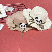 卡通熊猫卷边草帽编织帽，儿童宝宝亲子遮阳帽，夏季防晒女帽子成都