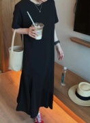 黑色长款短袖鱼尾，裙女2023春夏韩版简约宽松连衣裙显瘦小黑裙