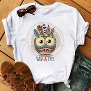 cute owl Tee夏季可爱猫头鹰卡通白色大码欧美圆领休闲短袖女t恤
