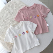 韩版2023夏款女童短袖t恤纯棉洋气可爱宝宝立体小花半袖上衣儿童
