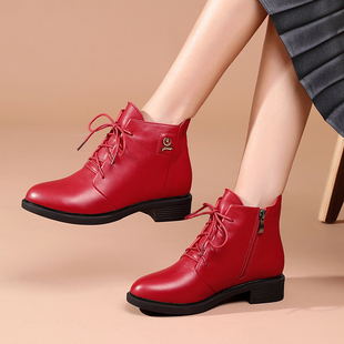 红色短靴女加绒真牛皮2023秋冬季靴子，低跟单靴女士平底马丁靴