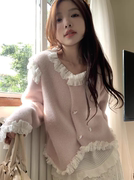 韩系甜美仿水貂绒，蕾丝拼接针织衫女2024春季开衫外套长袖上衣