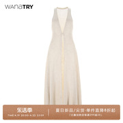wanatry燕麦色度假感针织，天丝亚麻背心外套无袖连衣裙简约长裙子