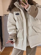 韩版撞色加厚立领pu皮面包服女冬季学生宽松拼接棉衣棉服外套