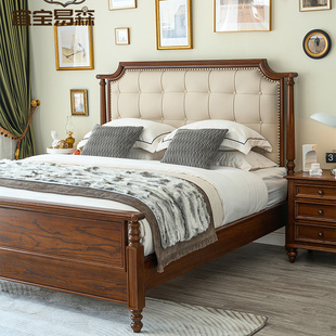 美式实木床美式乡村床主卧室，软靠真皮，床双人大床简美实木婚床2米