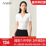 amii2023夏季深v领短袖波浪，下摆针织衫开衫，女修身白色上衣