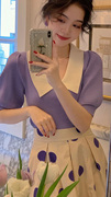 2023夏季法式温柔紫色翻领针织泡泡袖短袖T恤修身薄款冰丝上衣女