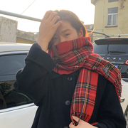 韩版ins红色仿羊绒围巾女冬季高级感长款格子保暖围脖男披肩学生