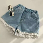 女童牛仔短裤夏季薄款2024夏装，韩版儿童洋气蕾丝五分裤子外穿热裤