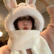 可爱兔子耳朵毛绒帽女冬季三件套保暖加厚护耳帽子围巾手套一体潮