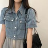韩国chic夏季法式复古单排扣翻领双口袋短款牛仔，外套女泡泡袖衬衫