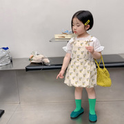 韩国女童碎花背带短裙蕾丝花边娃娃衫套装跨境儿童夏季连体衣衬衫