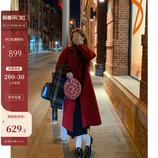 bingdaily红色双面羊绒大衣女冬季韩系小个子，中长款绵羊毛呢外套