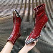 红色靴子女2023秋冬细跟软皮短靴女时尚拼色洋气低跟小跟女靴