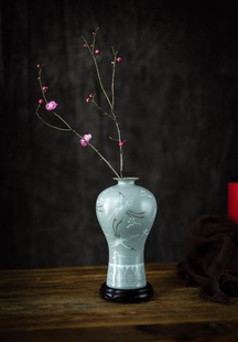上林湖越窑青瓷镶嵌云鹤梅，瓶冰裂开片陶瓷，花瓶工艺品秘色瓷