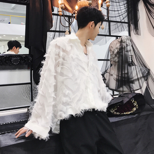 韩国ulzzang舞台装个性羽毛，夜店男歌手演出ins风网红款gd长袖衬衫